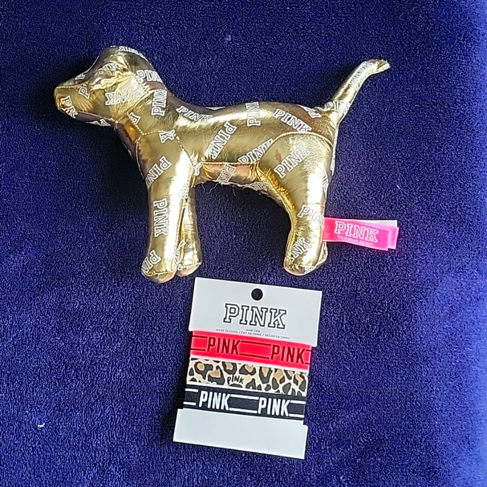New Victorias Secret PINK Hair ties and Gold Dog collectable